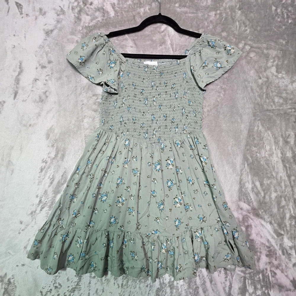 The Childrens Place Girls Sage Green Floral Smocked Dress Size 14 XL Cottagecore